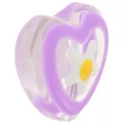 Perle coeur en verre avec motif fleur en résine époxy - 12 mm - Violet x1