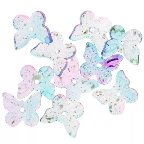 Perles forme papillon 9.5x11 mm - Bleu irisé - Tacheté Doré x10