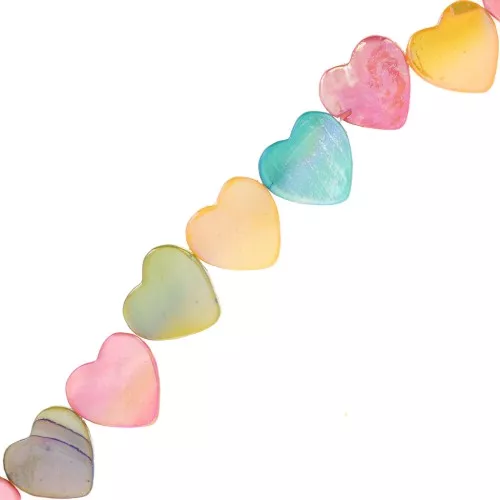 Perles coeurs en nacre teintée 11 mm - Multicolore irisé x36cm