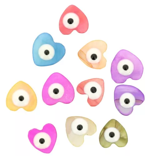 Perles coeurs en nacre teintée 9 mm motif oeil noir - Multicolore x10