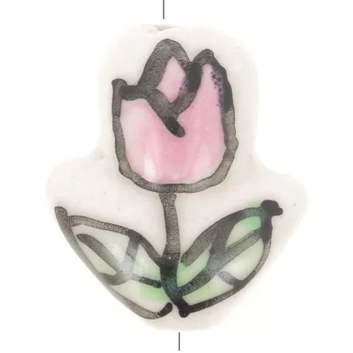 Perle fleur Tulipe en céramique 16x14.5 mm - Blanc - Rose - Vert x1