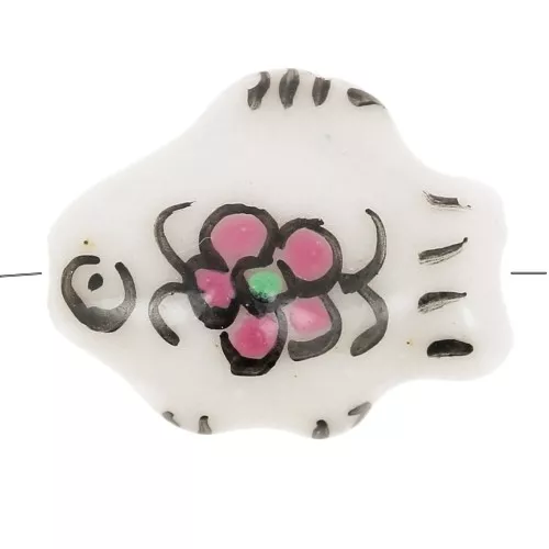 Perle poisson en céramique 11x15 mm motif fleur - Rose - Blanc x1