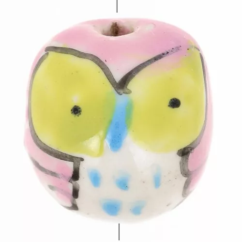 Perle hibou en céramique 15 mm - Rose - Vert x1