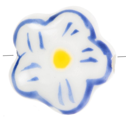 Perle fleur en céramique 14.5 mm - Blanc - Bleu marine x1