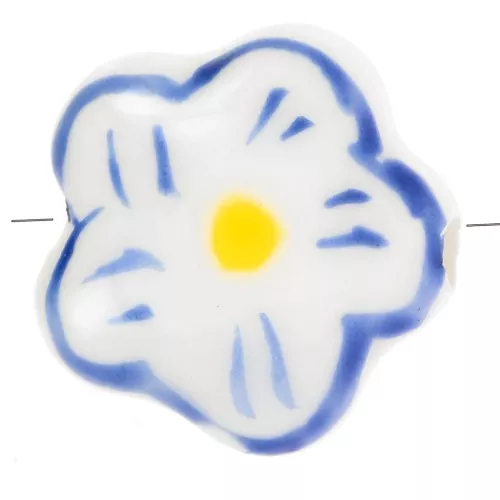 Perle fleur en céramique 14.5 mm - Blanc - Bleu marine x1