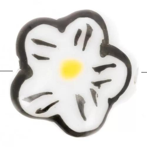 Perle fleur en céramique 14.5 mm - Blanc - Noir x1