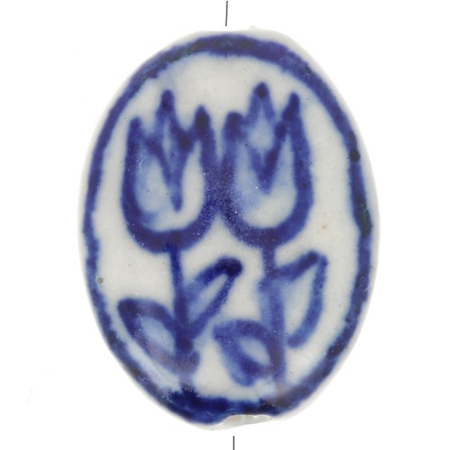 Perle plate ovale motif fleur en céramique 21x16.5 mm - Blanc - Bleu marine x1