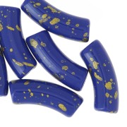 Perles tube incurvé 35x11mm en acrylique opaque - Bleu royal - Tacheté Doré x6