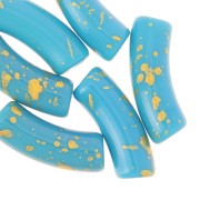 Perles tube incurvé 35x11mm en acrylique opaque - Turquoise - Tacheté Doré x6