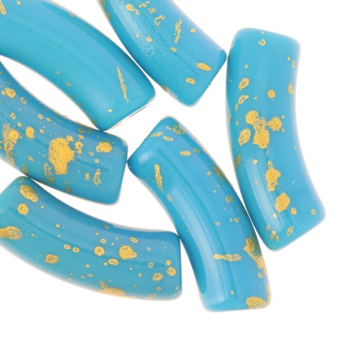 Perles tube incurvé 35x11mm en acrylique opaque - Turquoise - Tacheté Doré x6