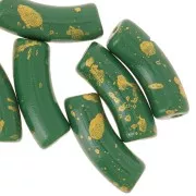 Perles tube incurvé 35x11mm en acrylique opaque - Vert sapin - Tacheté Doré x6