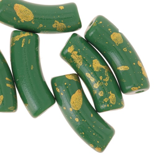 Perles tube incurvé 35x11mm en acrylique opaque - Vert sapin - Tacheté Doré x6