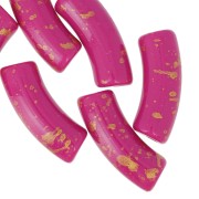 Perles tube incurvé 35x11mm en acrylique opaque - Fuchsia - Tacheté Doré x6