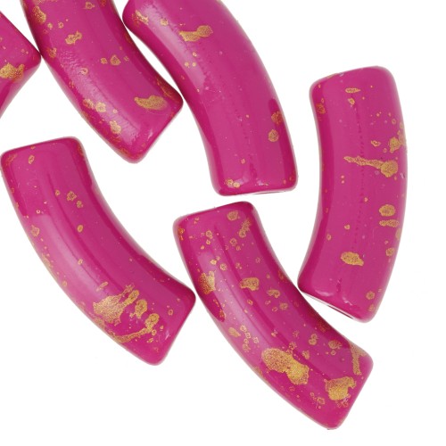Perles tube incurvé 35x11mm en acrylique opaque - Fuchsia - Tacheté Doré x6