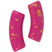 Perles tube incurvé 35x11mm en acrylique opaque - Fuchsia - Tacheté Doré x6