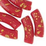 Perles tube incurvé 35x11mm en acrylique opaque - Rouge - Tacheté Doré x6