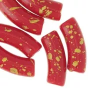 Perles tube incurvé 35x11mm en acrylique opaque - Rouge - Tacheté Doré x6