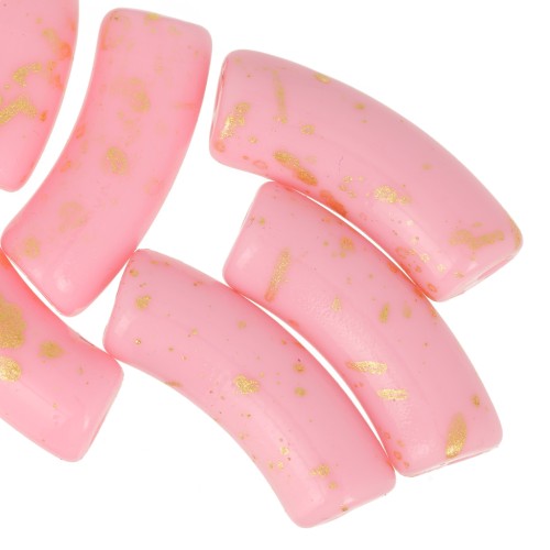 Perles tube incurvé 35x11mm en acrylique opaque - Rose - Tacheté Doré x6