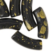Perles tube incurvé 35x11mm en acrylique opaque - Noir - Tacheté Doré x6