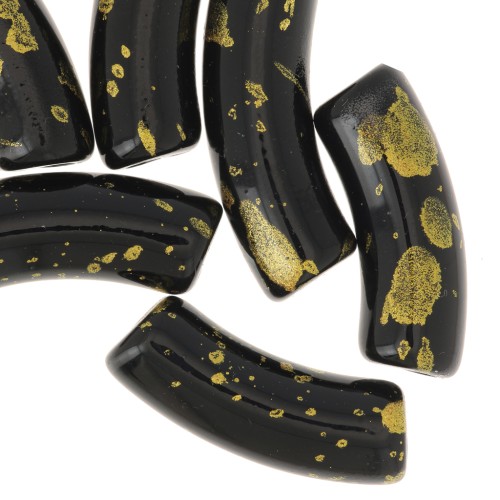 Perles tube incurvé 35x11mm en acrylique opaque - Noir - Tacheté Doré x6