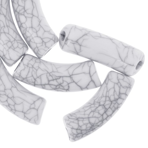 Perles tube incurvé 35x11mm effet craquelé en acrylique opaque - Blanc x6