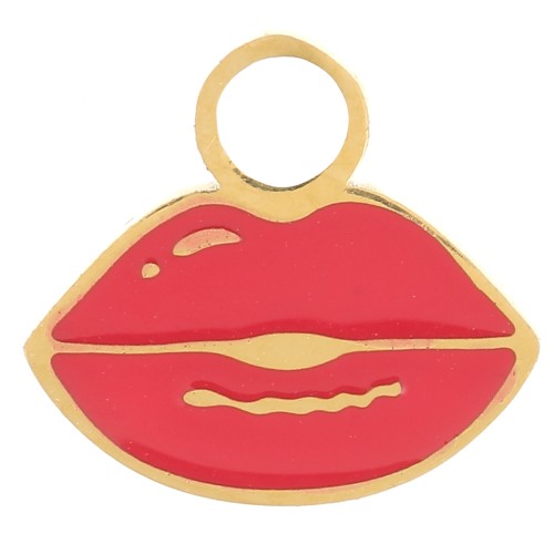 Breloque bouche 8x9 mm Resine époxy - Acier inoxydable 316L Doré - Rouge x1