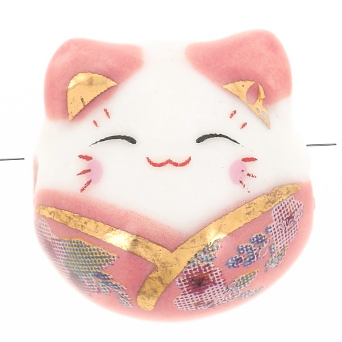 Perle chat chance - porte bonheur - en céramique 14 mm Rose x1