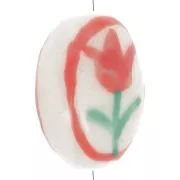 Perle plate ovale motif fleur en céramique 14x11 mm - Blanc - Rouge x1