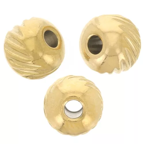 Perles rondes aplaties striées 5 mm - Acier inoxydable 316L Doré x5