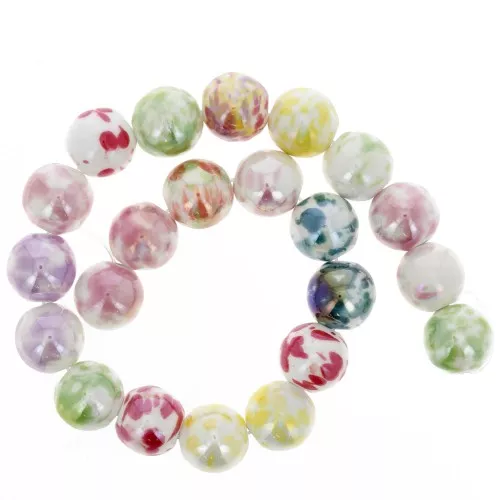 Perles rondes tachetées en céramique - 14 mm - Multicolore x 30cm