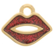 Breloque bouche 11x13 mm avec résine époxy - Doré à l'or fin - Rouge pailleté x1|raw }}
