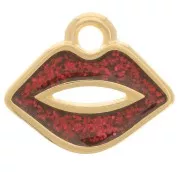 Breloque bouche 11x13 mm avec résine époxy - Doré à l'or fin - Rouge pailleté x1