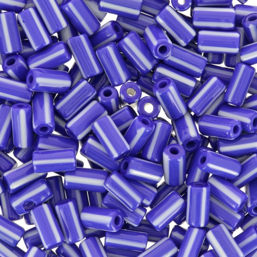Perles tubes rayées - Preciosa Ornela Rola - 7x3.5 mm Bleu - Blanc x5g