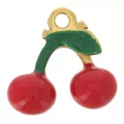 Breloque Cerise 11.5x12 mm - Resine époxy - Acier inoxydable 304 Doré - Rouge x1
