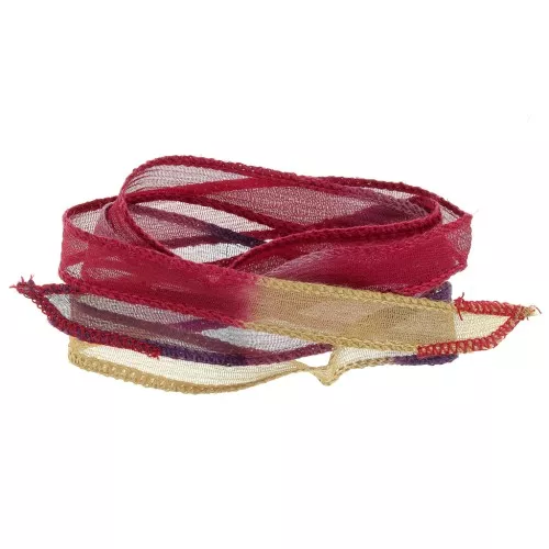 Ruban de soie 10 mm - Tie and dye - Bordeaux - Purple - Camel x85cm