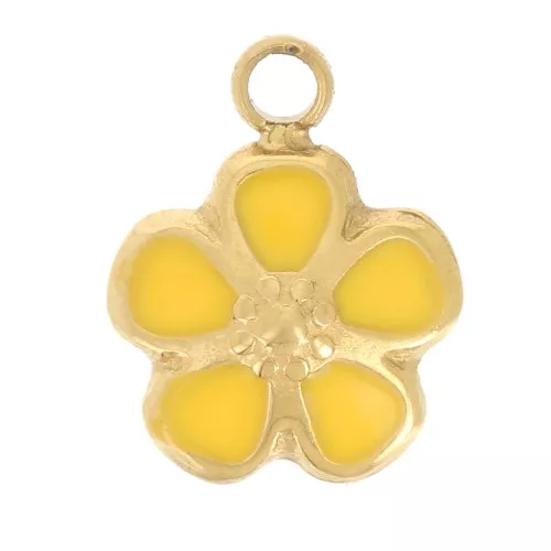 Breloque fleur 6.5 mm - Resine époxy - Acier inoxydable 304L Doré - Jaune x1