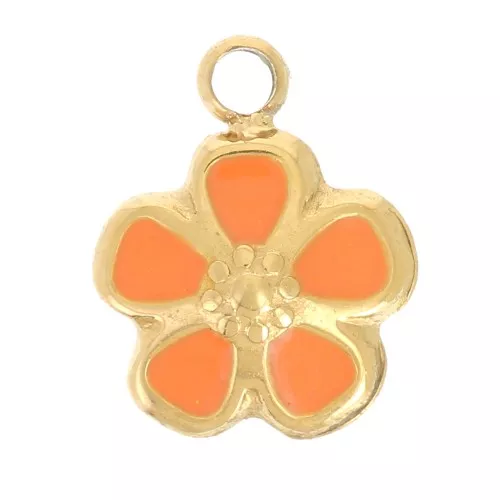 Breloque fleur 6.5 mm - Resine époxy - Acier inoxydable 304L Doré - Corail x1