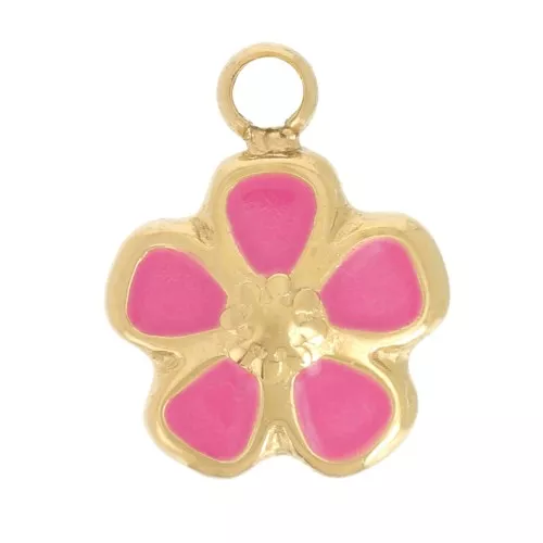 Breloque fleur 6.5 mm - Resine époxy - Acier inoxydable 304L Doré - Fuchsia x1