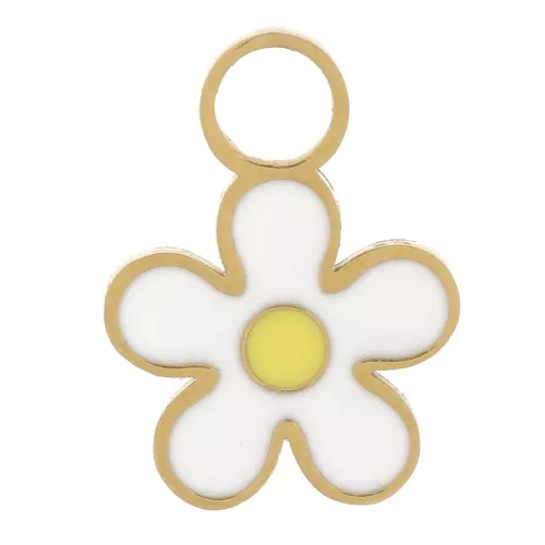 Breloque marguerite 8 mm - Resine époxy - Acier inoxydable 316L Doré - Blanc x1