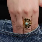 Bague large réglable ethnique -cabochon 6 mm T. 52 à 58 Acier inoxydable 316L Doré