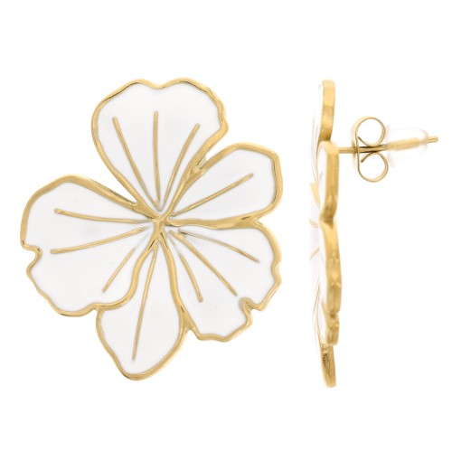 Boucles d'oreilles fleur 30x26 mm Résine époxy Acier inoxydable 304L Doré Blanc x2