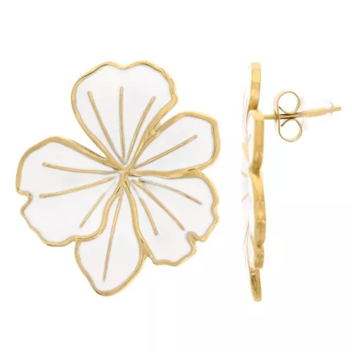 Boucles d'oreilles fleur 30x26 mm Résine époxy Acier inoxydable 304L Doré Blanc x2