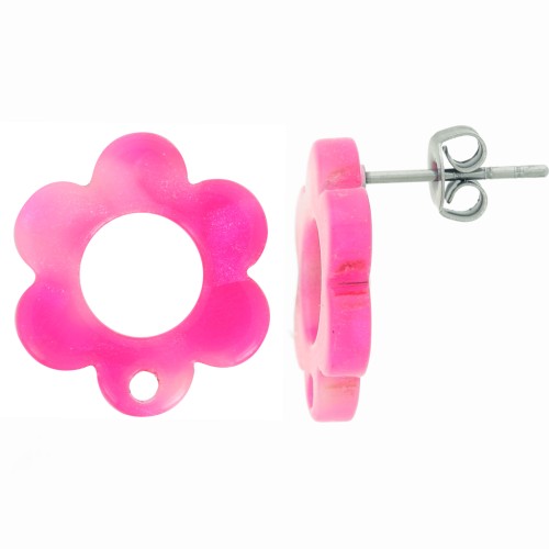 Clous d'oreilles fleurs évidées 15mm en acétate Ecaille de tortue Fuchsia nacré x2