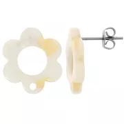 Clous d'oreilles fleurs évidées 15 mm en acétate - Marbré Ivoire effet AB x2