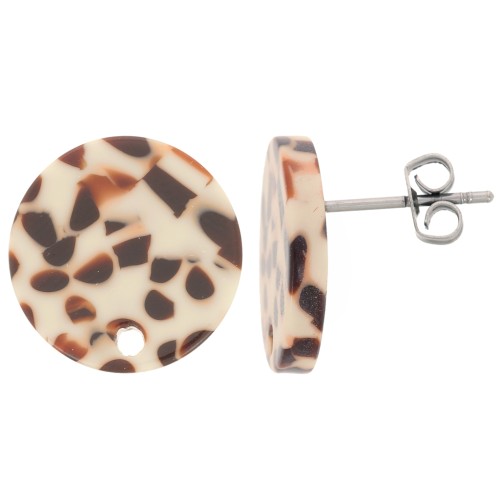 Clous d'oreilles ronds 15 mm en acétate - Tacheté marron - crème x2
