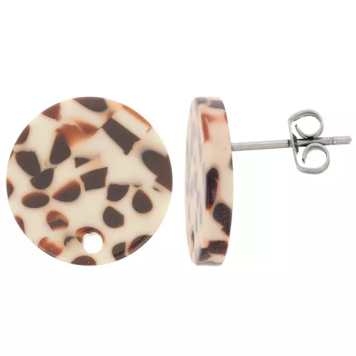 Clous d'oreilles ronds 15 mm en acétate - Tacheté marron - crème x2