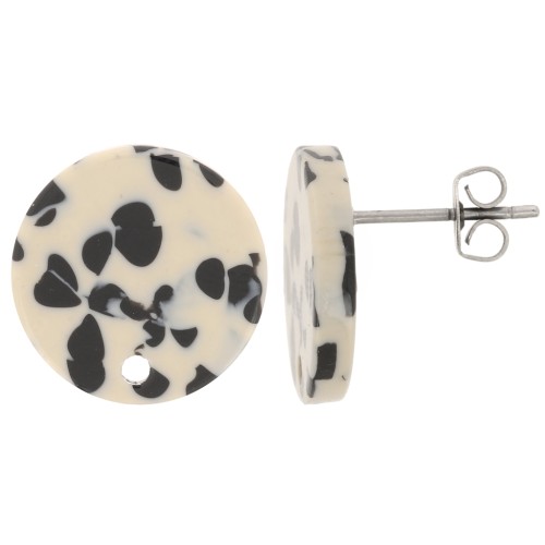 Clous d'oreilles ronds 15 mm en acétate - Tacheté Noir - Beige x2