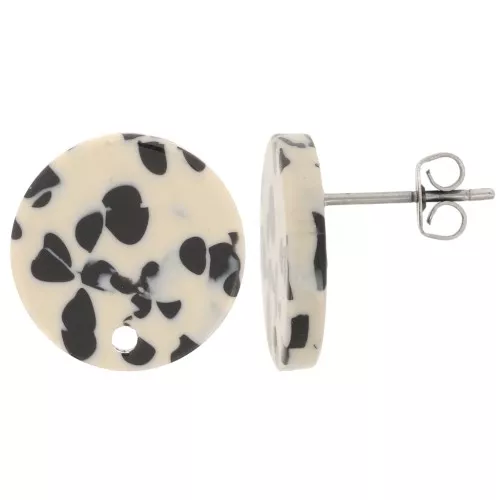 Clous d'oreilles ronds 15 mm en acétate - Tacheté Noir - Beige x2