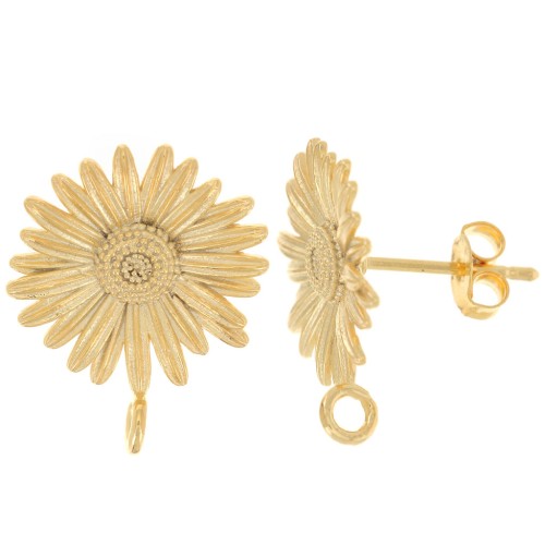 Clous d'oreilles Fleur Marguerite 15 mm avec anneau fermé - Doré à l'or fin x2
