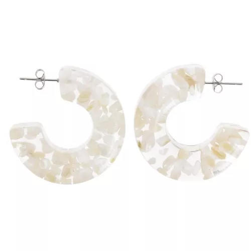 Créoles larges 37 mm Résine transparente avec inclusion de coquillages - Blanc x2